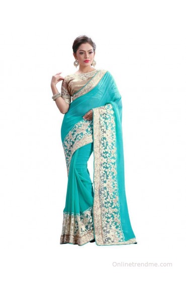 Neo Designer Fashion Sarees Blue And Beige Faux Georgette Saree